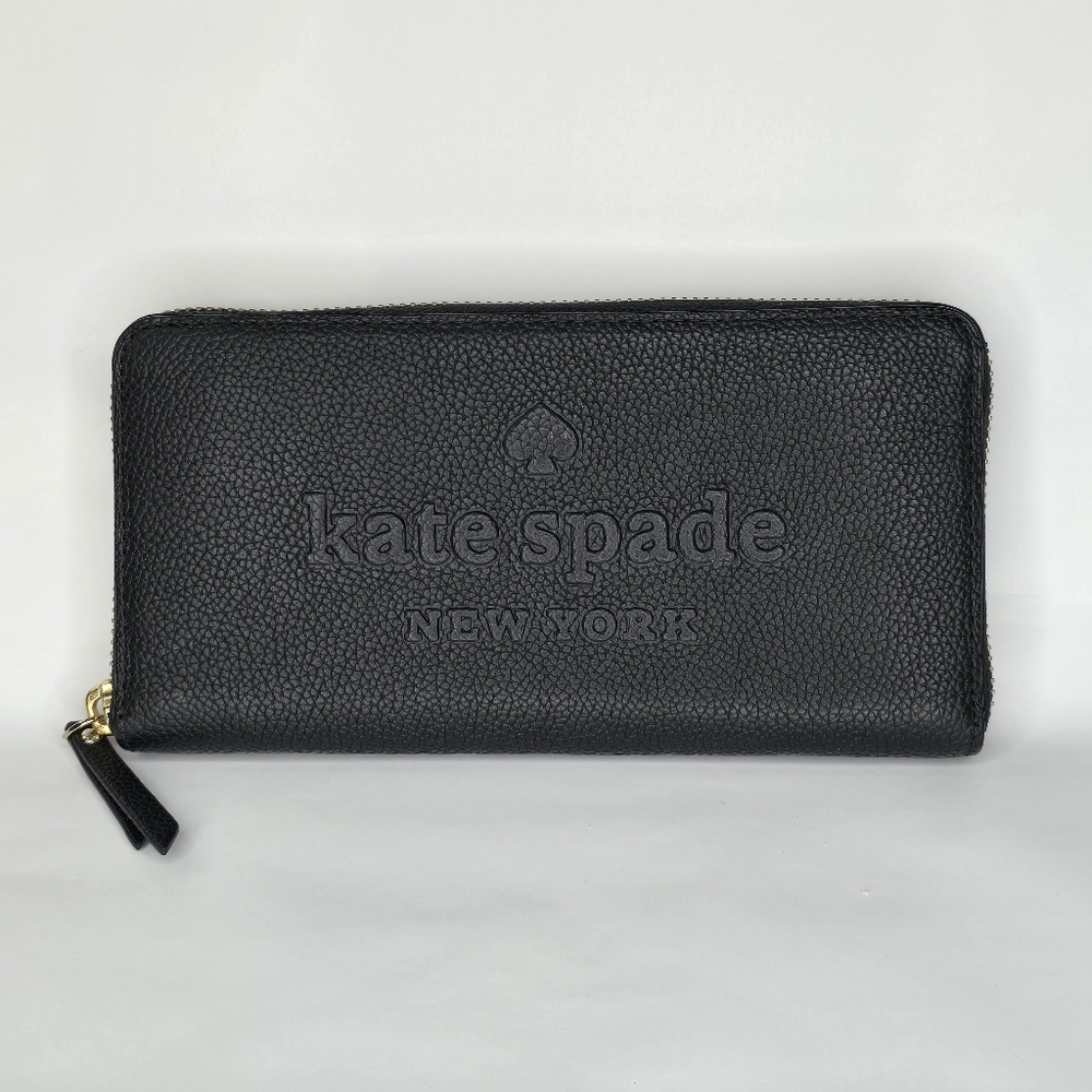 NEW Kate Spade Black Large Continental Peebled Leather Zip Wallet Sienne Logo